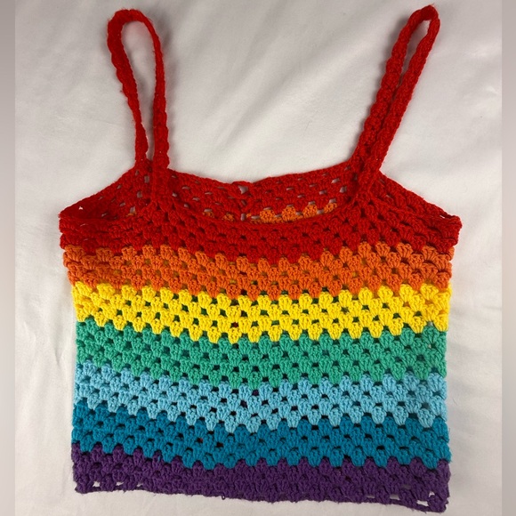 Vintage America Tops - Handmade Hand Knit Rainbow Crochet Tank Top